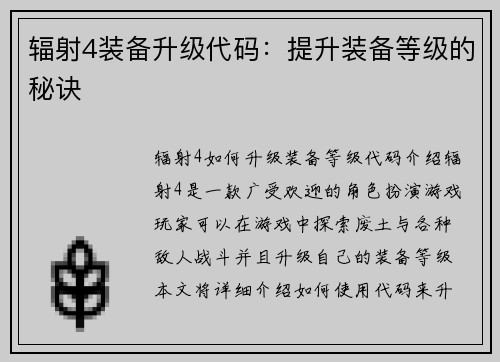 辐射4装备升级代码：提升装备等级的秘诀